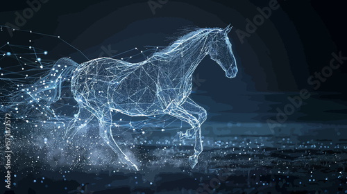 a horse made of a network of data points running in a digital field