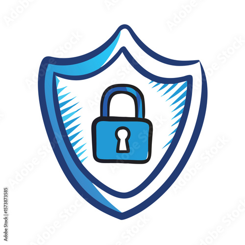 A blue shield with a lock is shown isolated on white background