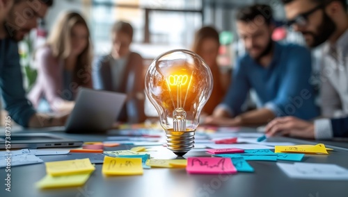 A glowing light bulb on a table surrounded by colorful sticky notes, with a group of people collaborating in the background.