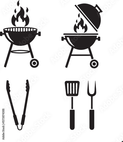 Vector art of barbecue grill and cooking tools with flames icons isolated on transparent background