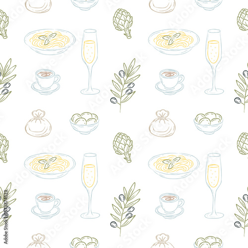 Hand drawn seamless pattern with Italian food and drinks. Pasta, cappuccino, olives, artichokes, burrata. Elegant culinary background for kitchen, restaurant textile, packaging, branding.