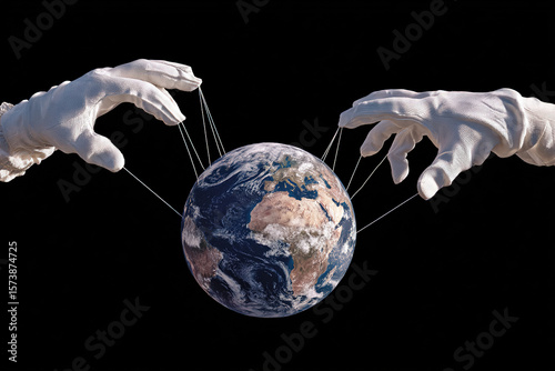 Global control shown with planet Earth being manipulated by puppeteer hands against a black background.