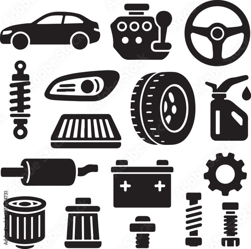 Vector art of collection of automotive car parts and icons isolated on transparent background