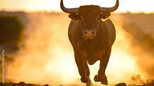Bull running in golden light