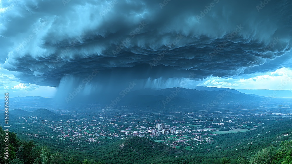Fototapeta premium Dramatic storm clouds over a city nestled in a valley.