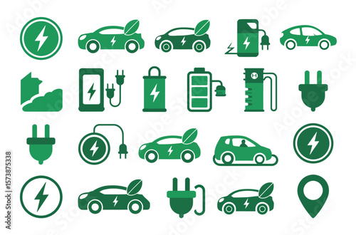 Electric Car Icons Collection – Battery Levels, Charging Stations, and Power Symbols in Eco-Friendly Green Vector Design for Renewable Energy and Electric Vehicle Infographic Use

