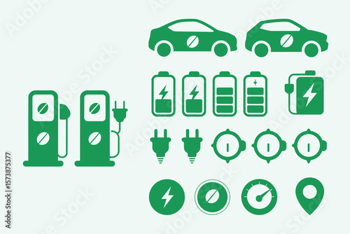 Electric Vehicle Icons Set – Green Vector Symbols for EV Charging, Battery Level Indicators, Power Supply, Renewable Energy, and Eco-Friendly Transportation Concepts for Design and Web

