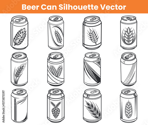 Line Art Beer Can Collection With Barley And Hop Designs