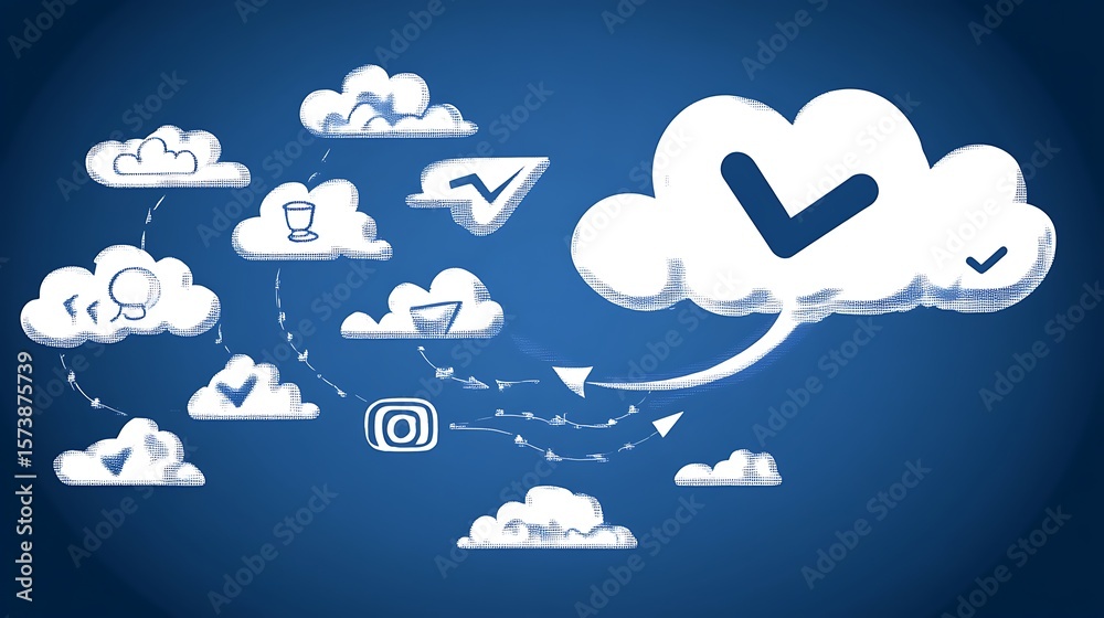 Obraz premium White clouds with icons and arrows on a dark blue background.