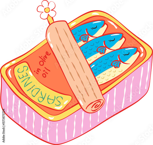 Fisherman Aesthetic Sardines Clipart . Cute Hand Drawn Seafood Illustrations. Summer Coastal Kitchen Cliparts