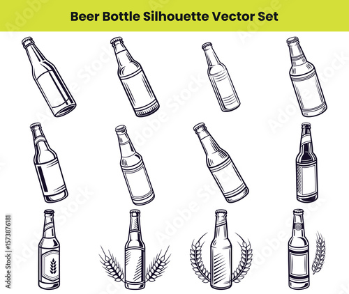 Beer Bottle Silhouette Set Featuring Wheat and Various Bottle Designs