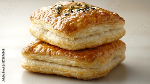 Two golden puff pastry squares stacked on a light surface.