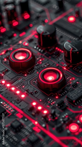 Close-Up View of Red and Black Circuit Board with LED Lights