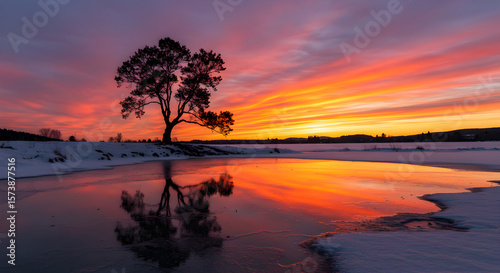 Stunning Winter Sunset Sky Reflecting in Calm Water with Solitary Tree Silhouette