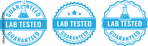 "Lab Tested Guaranteed" badge vector illustrations in blue