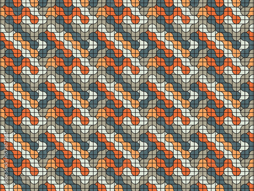 Abstract Geometric Pattern Seamless Interlocking Shapes Design in Orange, Gray, and Blue Hues
