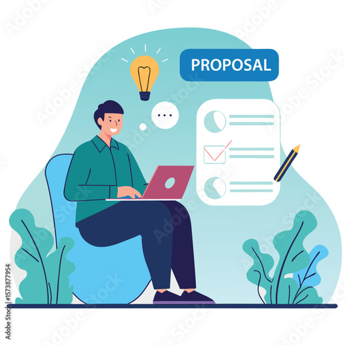Man working on a proposal with a laptop and having a bright idea