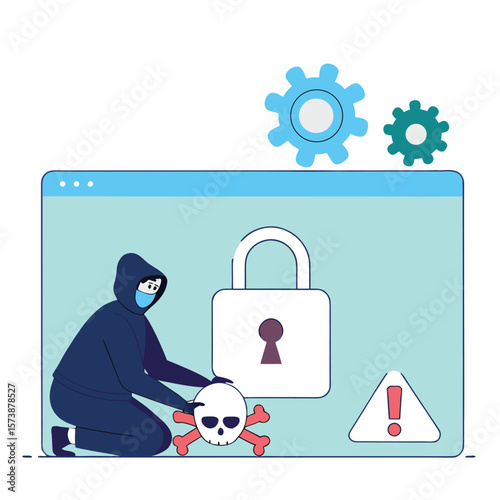 Hacker trying to break into a website security system with skull