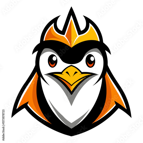 Stylized penguin mascot with orange and black accents and a crown