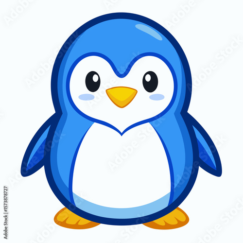 Cute cartoon blue penguin character with big eyes and blush cheeks