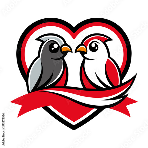 Two adorable cartoon birds in love inside a stylized heart with a red ribbon