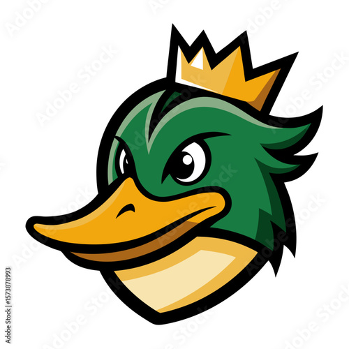 Angry green duck wearing a gold crown mascot head illustration