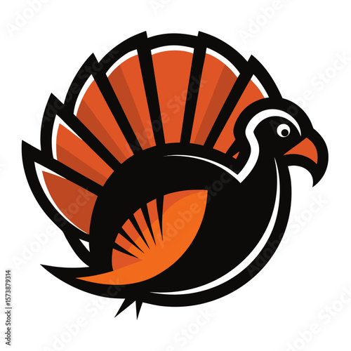Stylized black turkey with orange fan tail and wing feathers isolated on white
