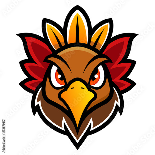 Fierce turkey mascot head with red and yellow feathers and sharp eyes