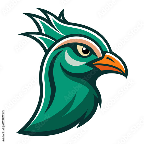 Stylized teal bird of prey head mascot with orange beak and fierce eyes