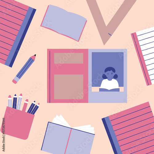 Flatlay Illustration Pink Purple Notebooks Pencils Colored Pencils Open Book Girl Studying Pastel Background