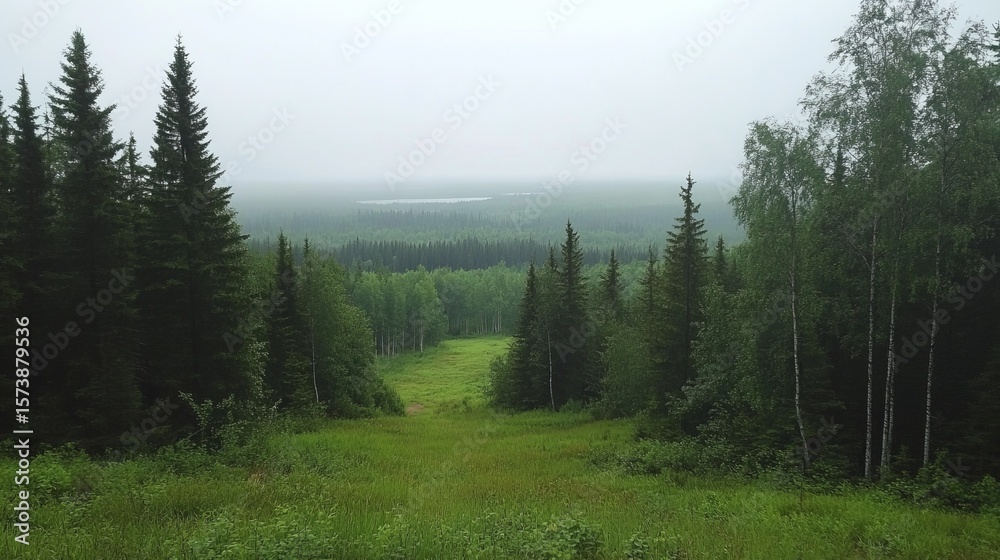 Fototapeta premium Misty vista of a verdant valley nestled amidst a dense coniferous and deciduous forest, extending to a hazy horizon