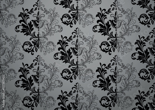 Wallpaper in the style of Baroque. Gray and black floral ornament. Seamless vector background. Graphic pattern for fabric, wallpaper, packaging. Ornate Damask flower illustration