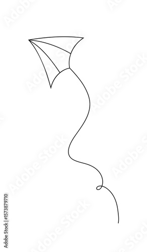 A flying kite. Abstract graphic illustration, black and white single line drawing, hand-drawn. An element for celebration, leisure, entertainment, decoration, design, vector