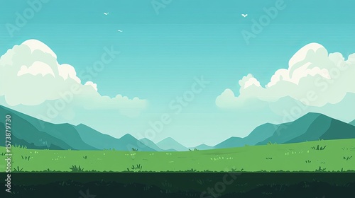 Serene landscape illustration featuring a sprawling green field, distant mountains under a bright blue sky dotted with fluffy clouds and a few birds