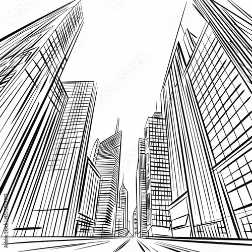 line sketch of modern city low-angle black and white