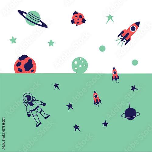 Whimsical Red Green Space Illustration Astronaut Rockets Planets Stars vector