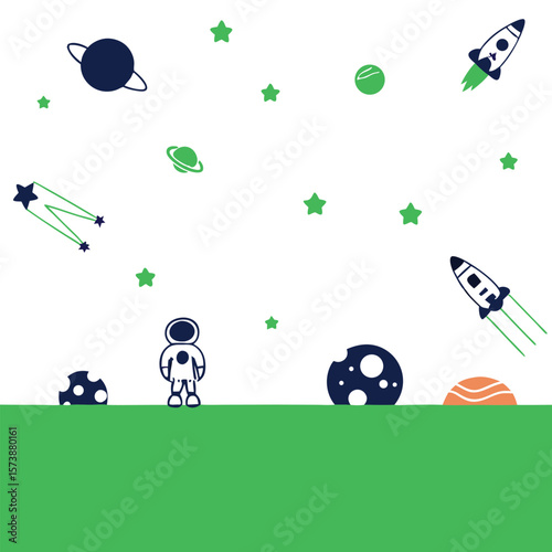 Whimsical Black White Green Space Illustration Astronaut Rockets Planets Stars vector