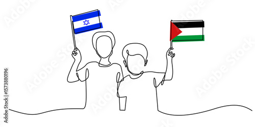 continuous line of peace israel and palestine. one line drawing of children carrying israel and palestine flag. stop israel and palestine war. world peace sign line art