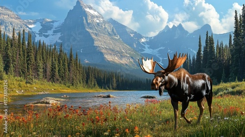 Majestic moose by a mountain lake. Lush greenery, colorful wildflowers, and snow-capped peaks