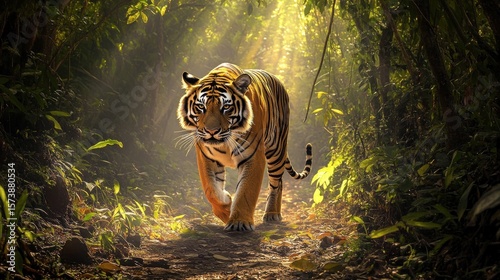 Majestic tiger strolls through sunlit jungle path