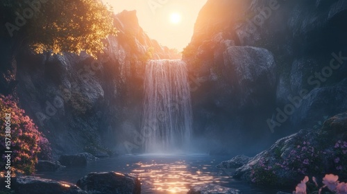 Majestic waterfall cascading into a serene pool, surrounded by towering rocks and lush greenery under a vibrant golden sunset
