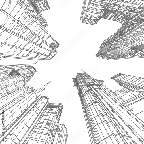 line sketch of modern city low-angle black and white