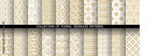 Geometric floral set of seamless patterns. White and golden vector backgrounds. Damask graphic ornaments