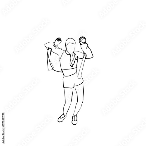 Line art illustration of a happy young woman dancing with fists raised. Minimalist black and white drawing of an energetic dance move in casual clothes.