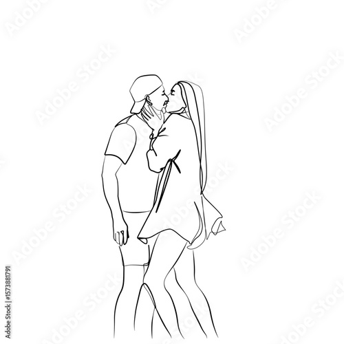 Minimal one line drawing of a romantic couple sharing a kiss. Modern black and white vector illustration of a man and woman in an intimate moment, expressing love and affection.