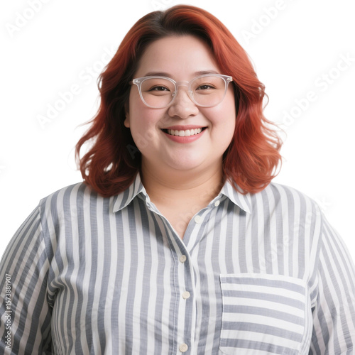 Portrait of smiling woman with glasses and striped shirt , a happy plus size woman on transparent background , no background