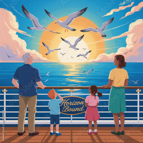 Family on Cruise Ship Deck Watching Seagulls Over Open Sea 