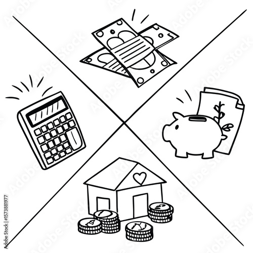 Black and White Doodle Collage Illustrating Financial Concepts Home Savings Piggy Bank Calculator Money