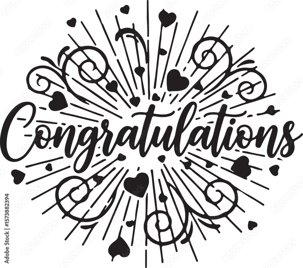 Obraz premium Vector art of congratulations text with celebratory firework and heart design isolated on transparent background
