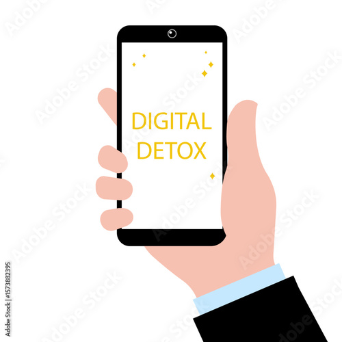 Hand holding mobile phone displaying digital detox message, promoting a break from technology